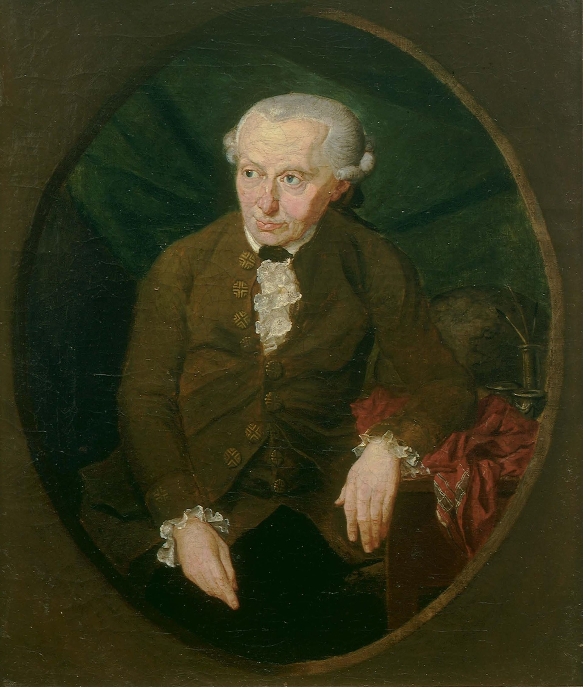 Immanuel Kant painting sitting next to his desk in front of green curtain.