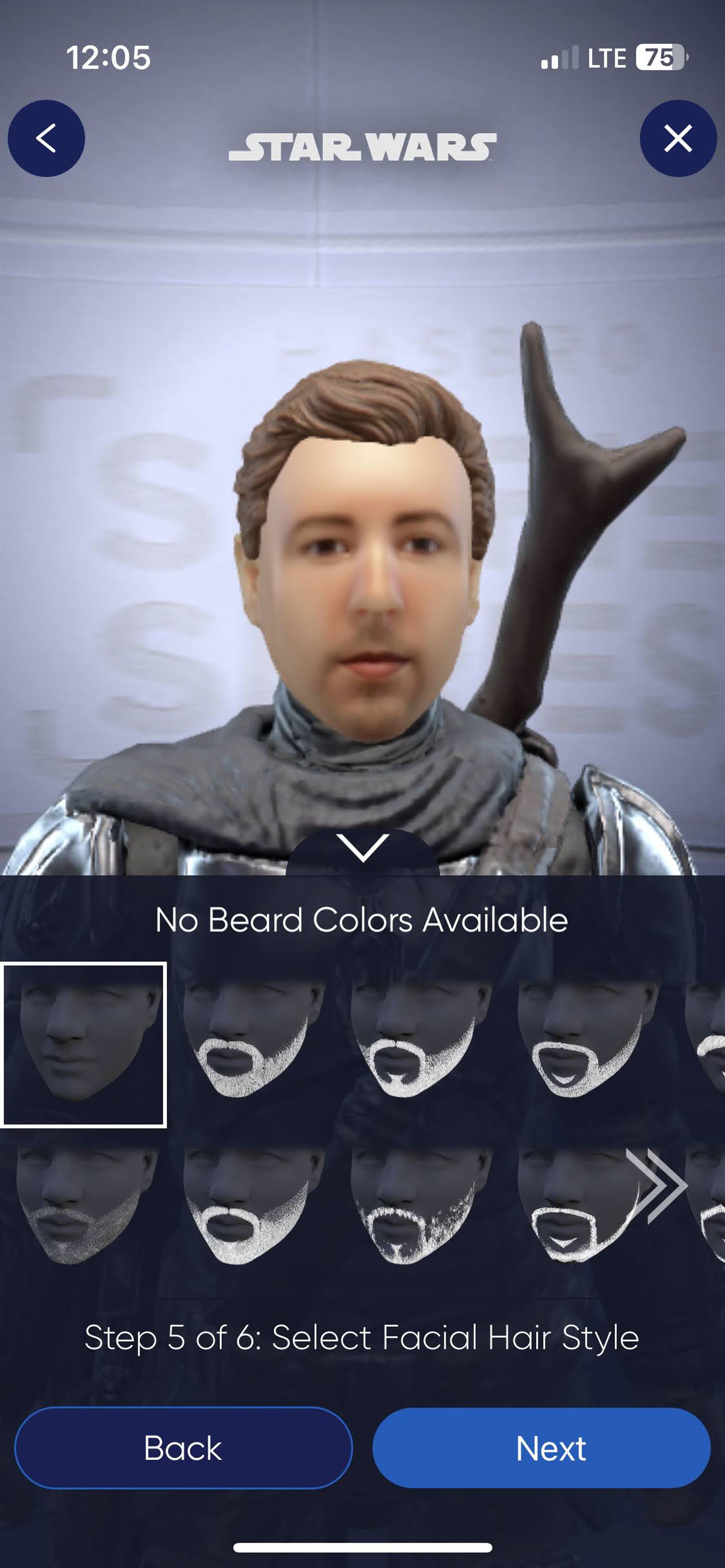 Screenshot of the beard options screen of the Hasbro app.