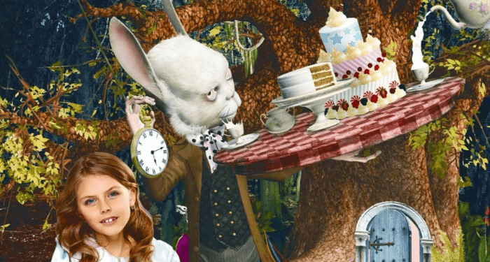 a cropped cover of Alice in Wonderland featuring a very creepy White Rabbit