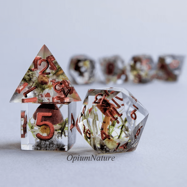 a photo of a clear dice set with real mushrooms and flowers inside