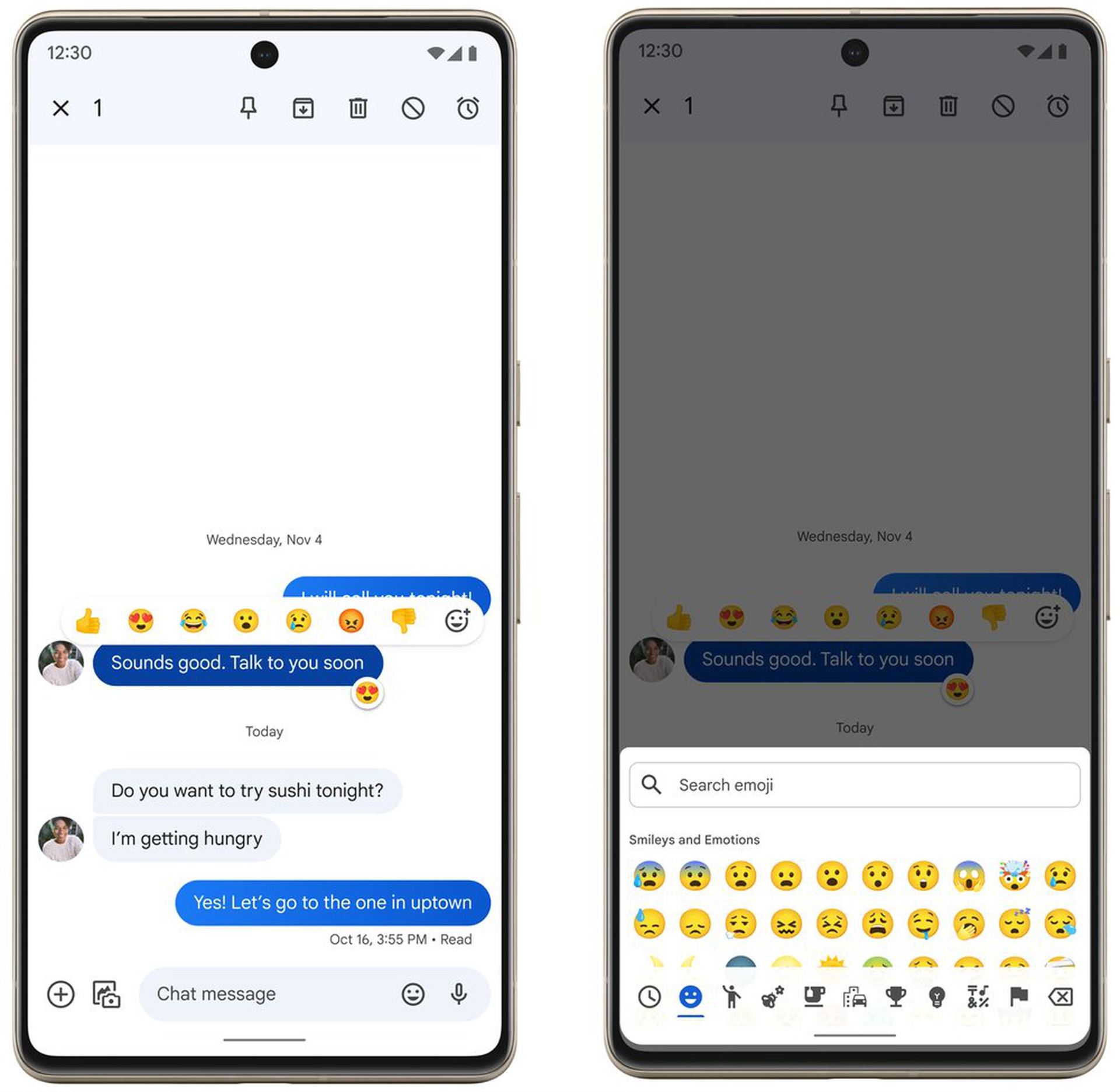 Two screenshots of Google’s Messages app, showing the emoji picker for when you’re reacting to a message.