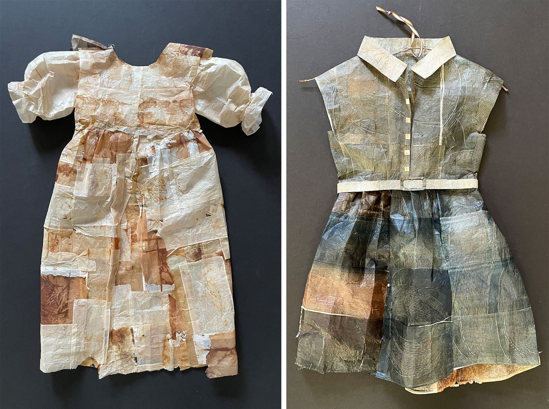 Two dresses made out of tea bags.