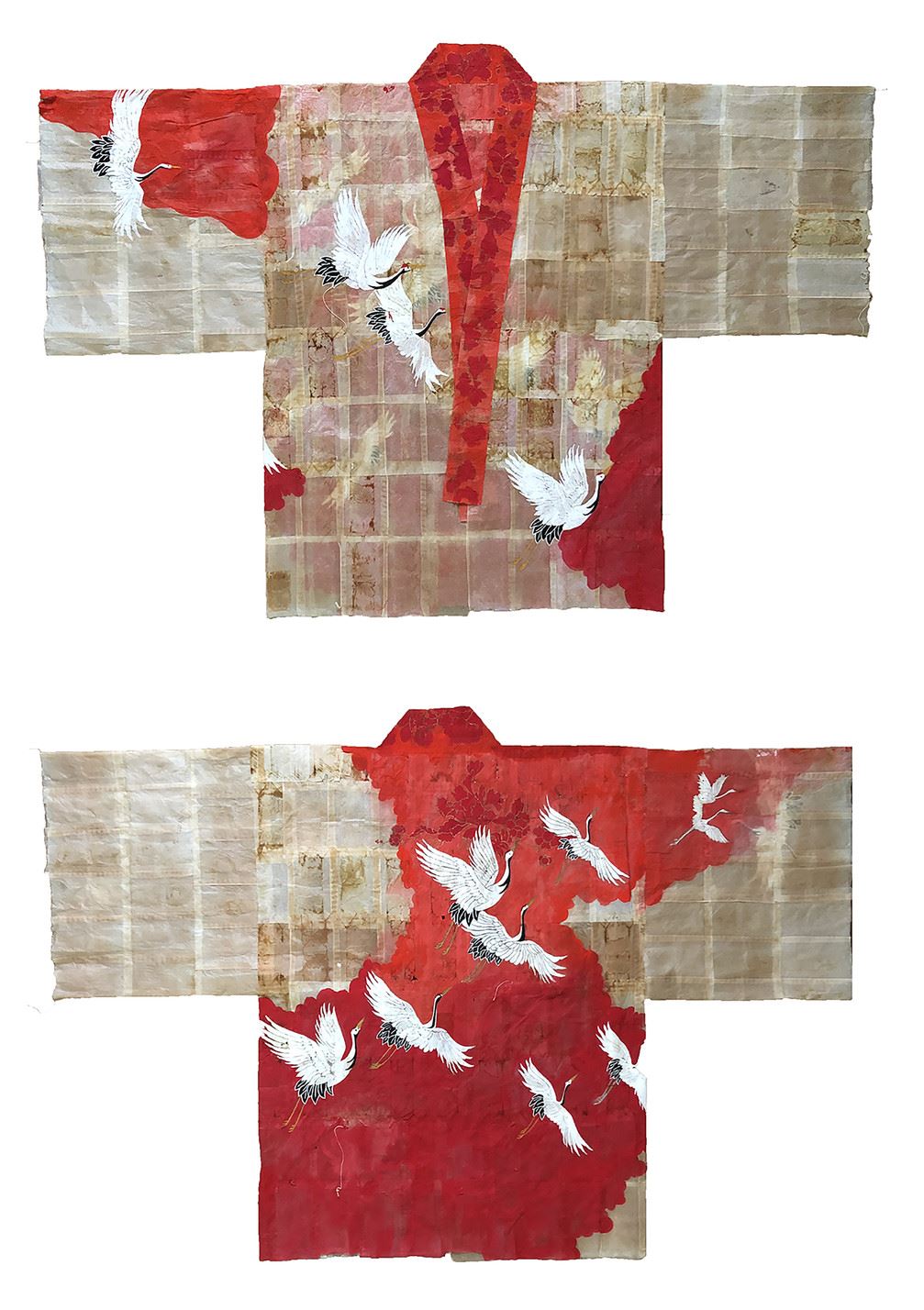 Two images of a kimono made from tea bags, shown front and back.