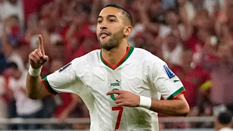 Morocco&#39;s Hakim Ziyech celebrates his early goal against Canada