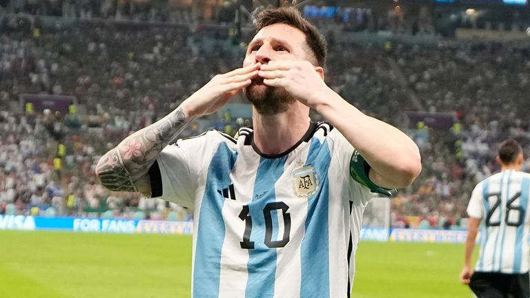 Argentina&#39;s Lionel Messi celebrates after scoring his side&#39;s opening goal
