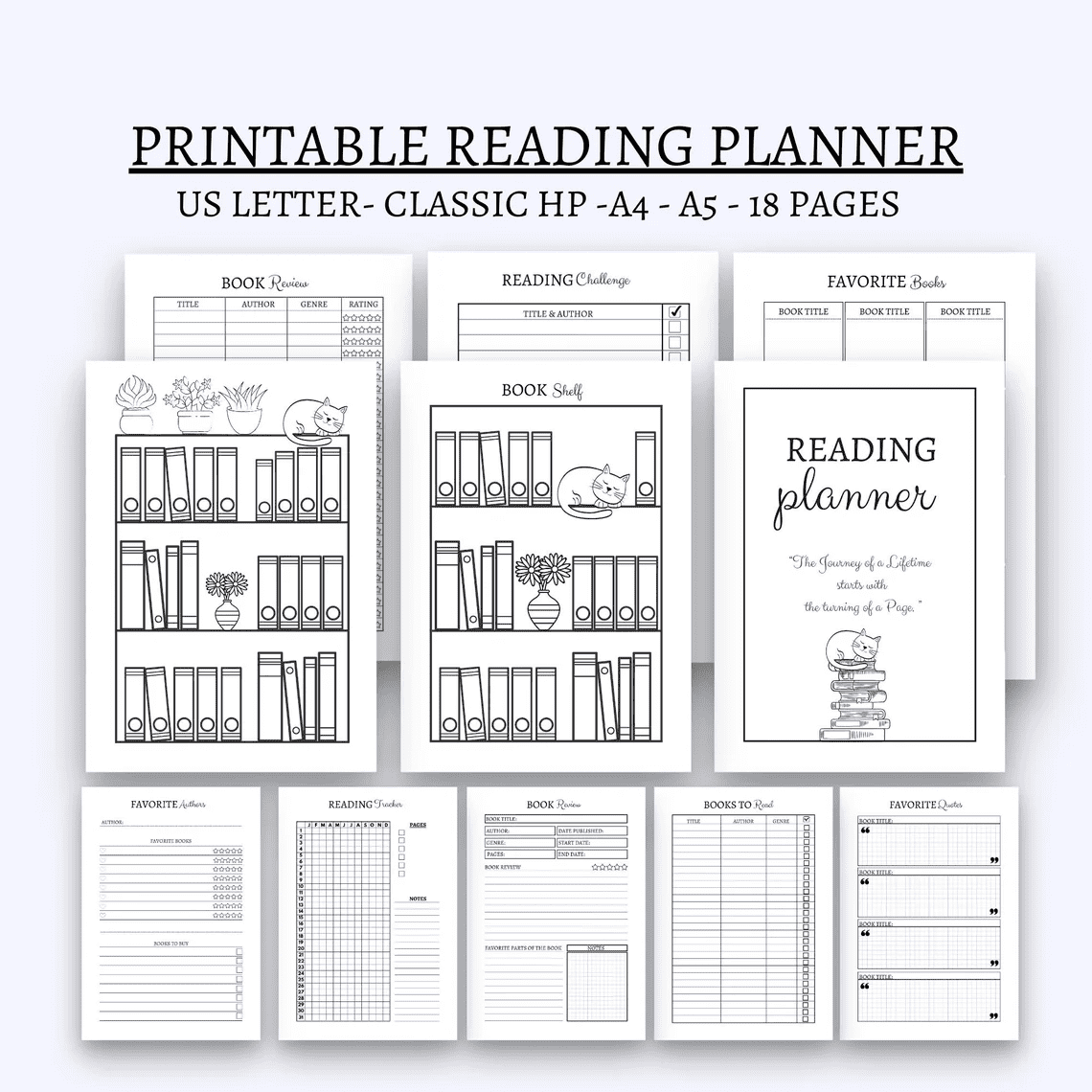 All the types of pages in the printable reading planner