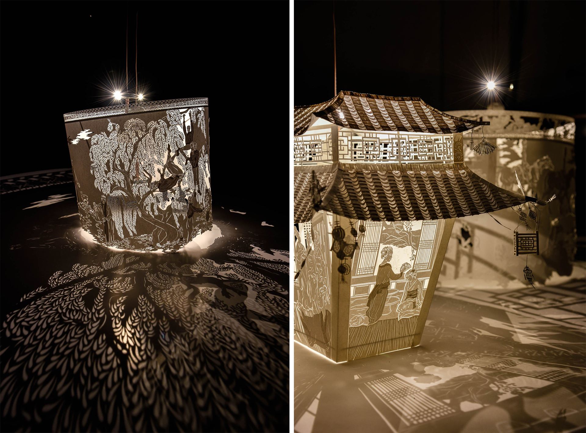 Two images of an architectural sculpture made of paper, illuminated from within.