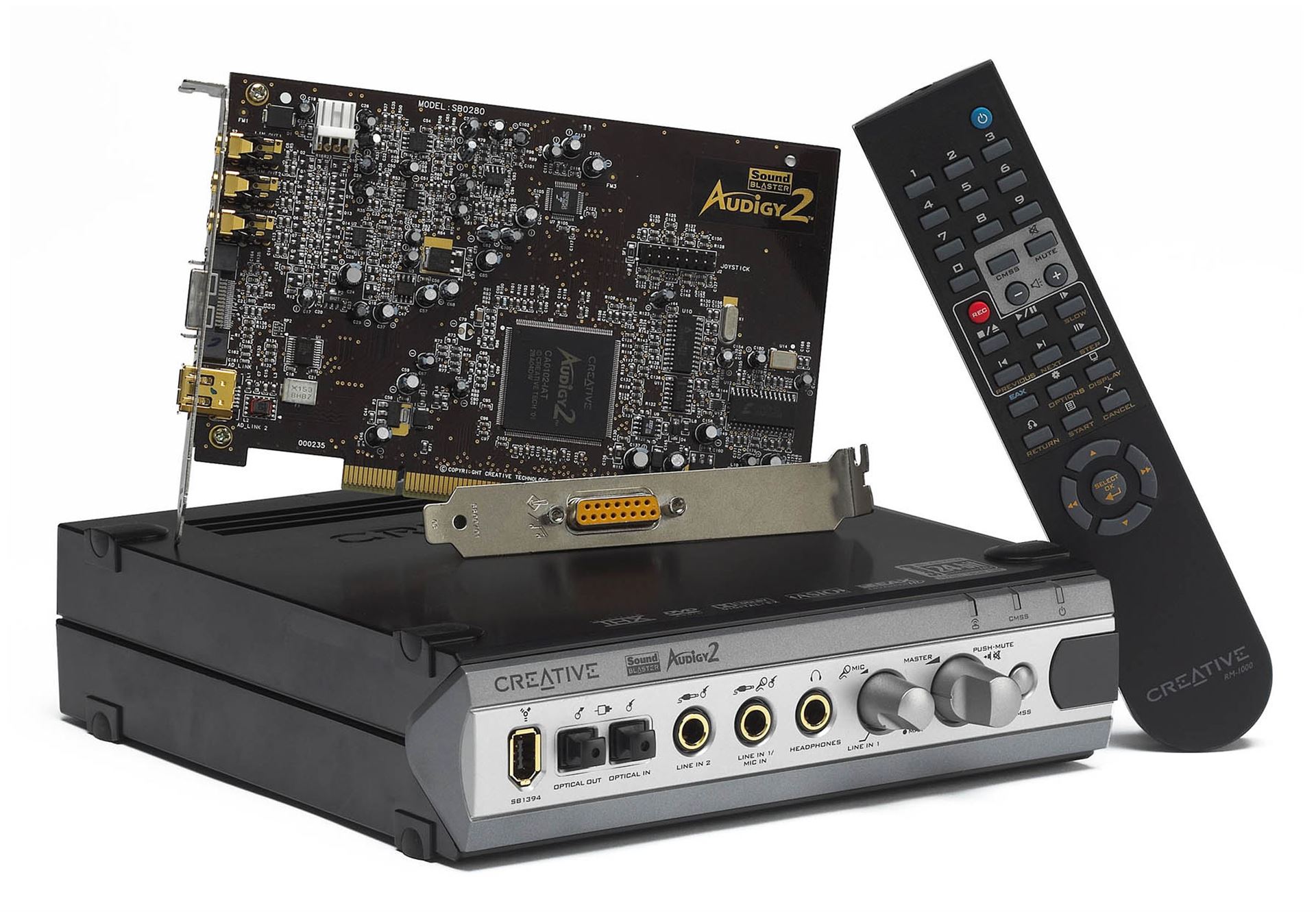 Image of the Audigy 2 ZS Platinum Pro sound card with its external box and remote control.