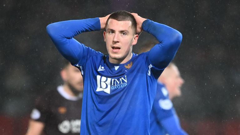 PERTH, SCOTLAND - DECEMBER 28: St. Johnstone&#39;s Alex Mitchell looks dejected after a 3-2 loss in a a cinch Premiership match between St. Johnstone and Heart of Midlothian at McDiarmid Park, on December 28, 2022, in Perth, Scotland. (Photo by Paul Devlin / SNS Group)