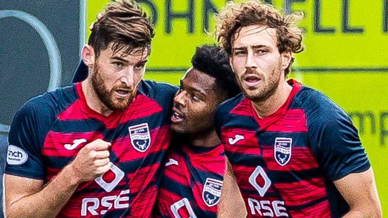 DINGWALL, SCOTLAND - AUGUST 20: Ross County&#39;s Jack Baldwin, Owura Edwards and David Cancola celebrate as they make it 1-0 (L-R) during a cinch Premiership match between Ross County and Kilmarnock  at the Global Energy Stadium, on August 20, 2022, in Dingwall, Scotland.  (Photo by Roddy Scott / SNS Group)