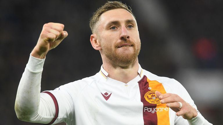 EDINBURGH, SCOTLAND - NOVEMBER 06: Motherwell&#39;s Louis Moult celebrates after scoring to make it 2-1 during a cinch Premiership match between Hearts and Motherwell at Tynecastle, on November 06, 2022, in Edinburgh, Scotland.  (Photo by Craig Foy / SNS Group)